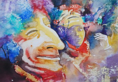 Aquarellbild einer bunten Fasnachtsgestalt